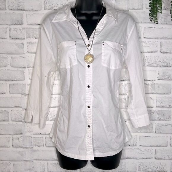 Cathy White Button Down Shirt 3/4 Sleeve Heavy Material Size Medium - Picture 1 of 7